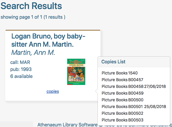 search results show not only the number of copies available, but a pop-over shows details of when "out" items are due.